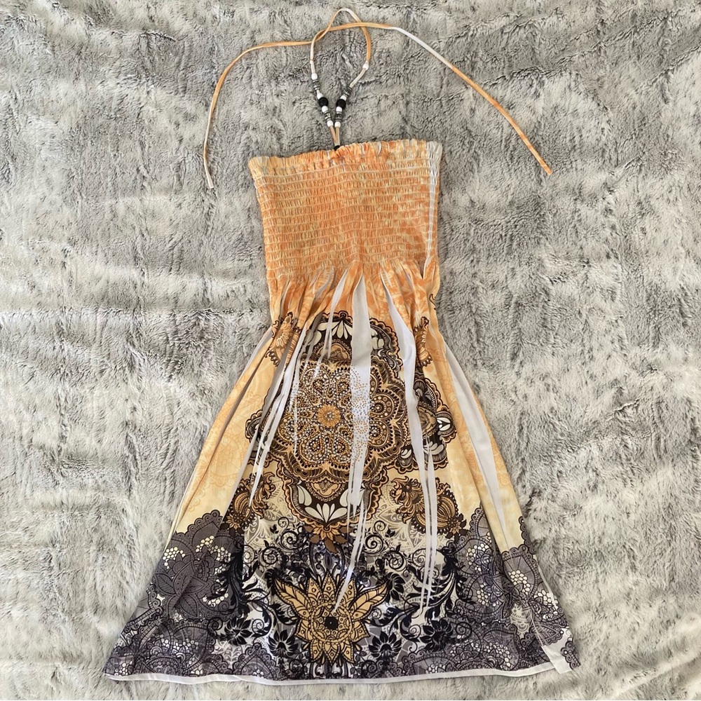 Y2K Orange and Black Strapless Dress w Rhinestones
